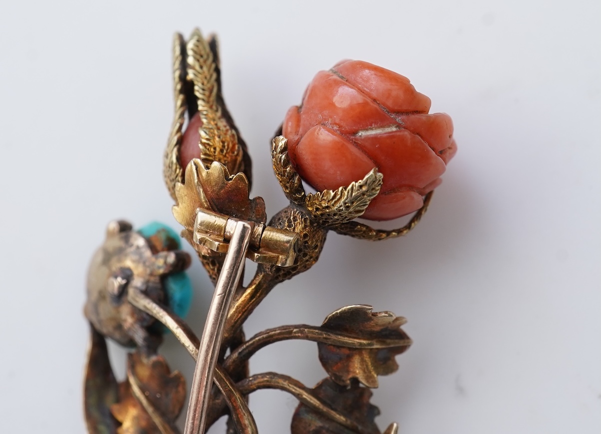 A gold, coral and turquoise brooch, circa 1840